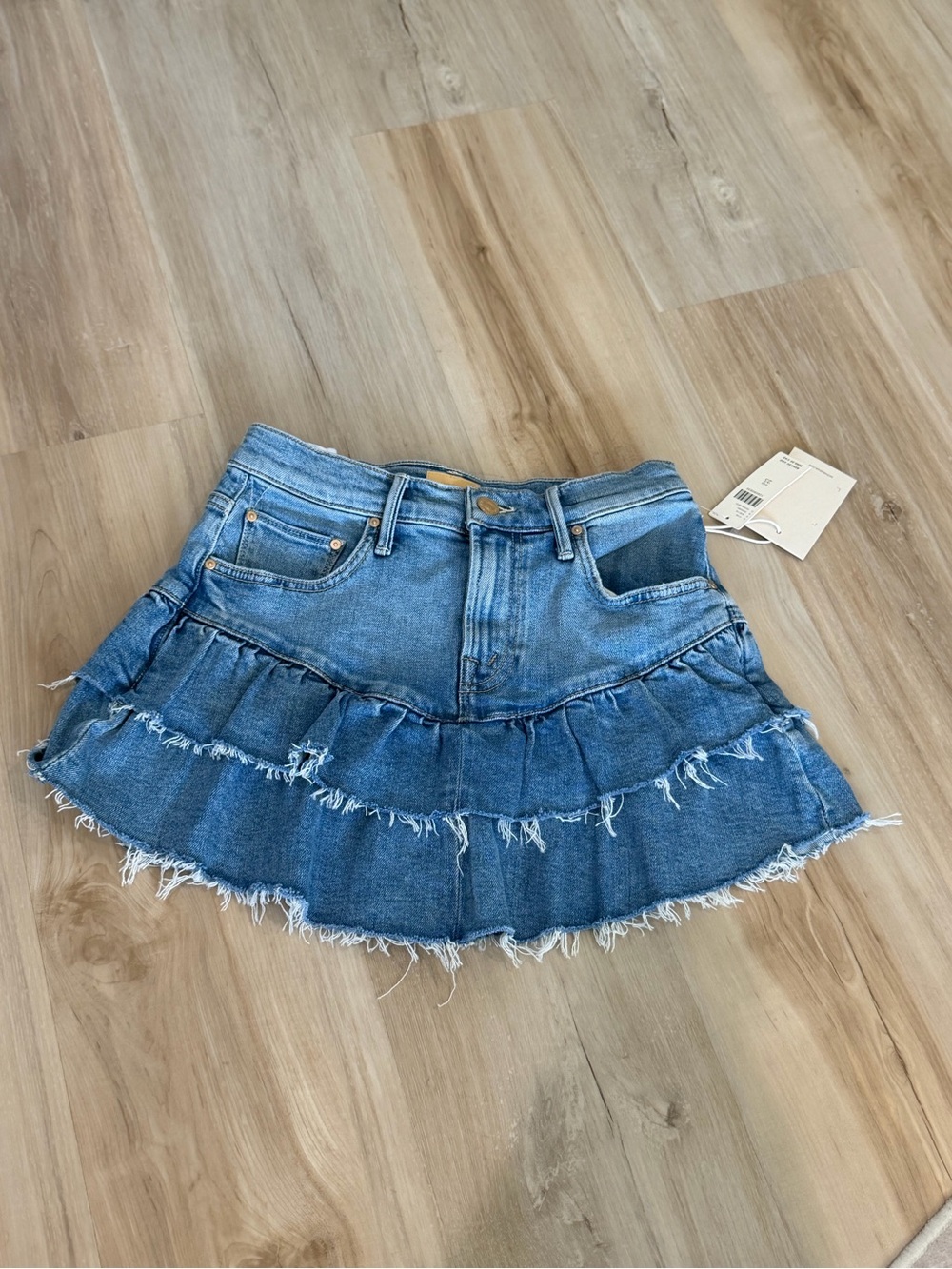 MOTHER Blue Tiered Ruffle Denim Mini Skirt